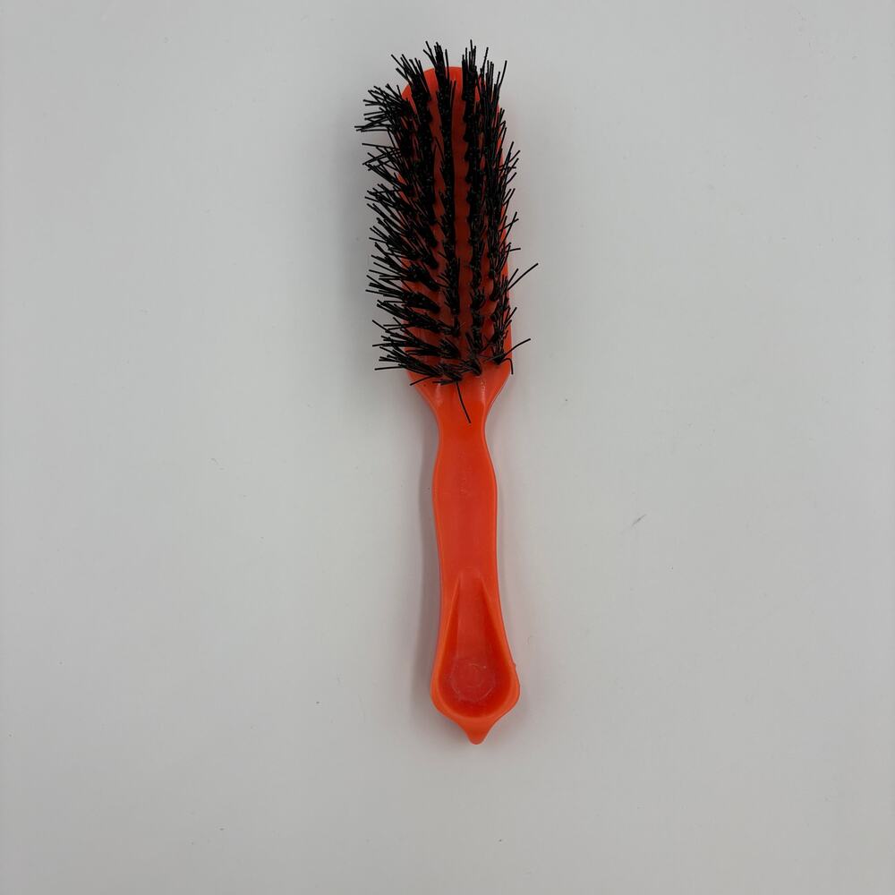 Vintage Orange Plastic Hair Brush Black Bristles Faceted Handle